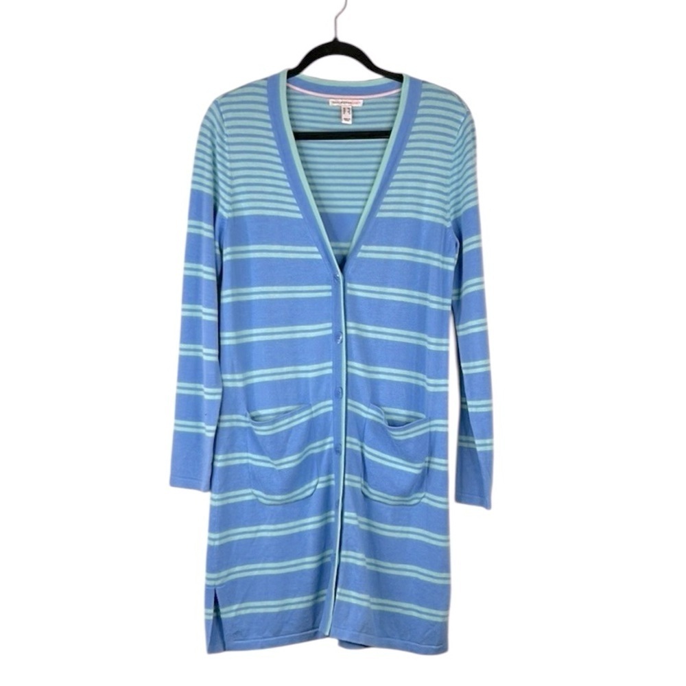 Isaac Mizrahi Blue & Light Green Knit Striped Button Down Cardigan Sweater XS